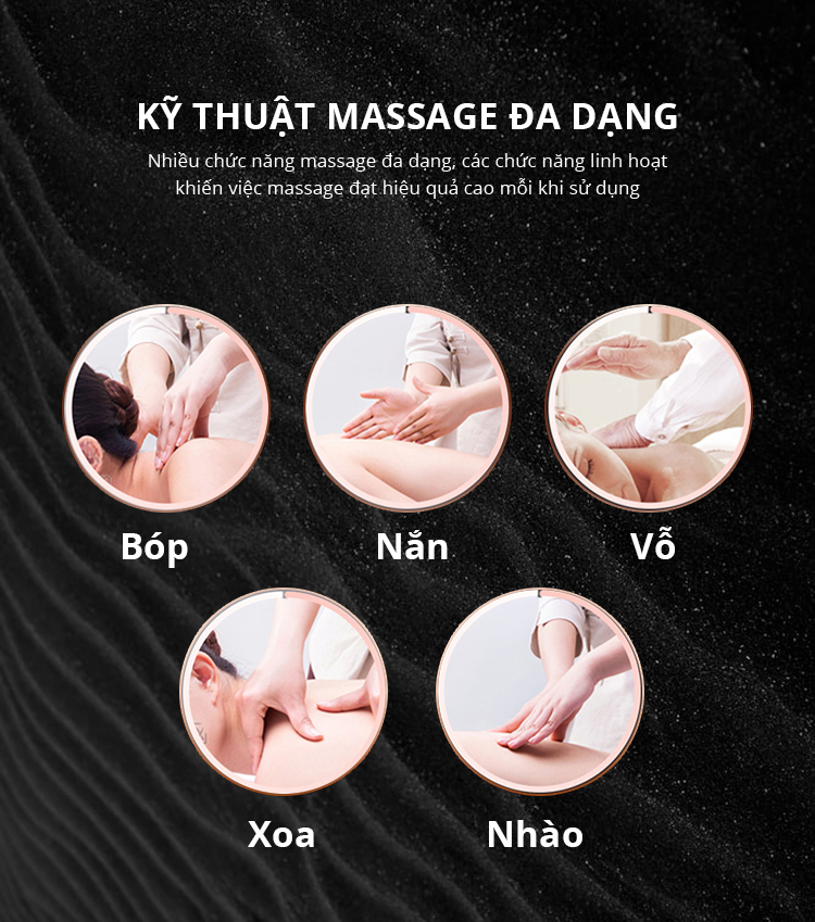 Kỹ thuật massage đa dạng mô phỏng chân thực giúp đạt hiệu quả thư giãn, xua tan căng thẳng nhanh chóng.