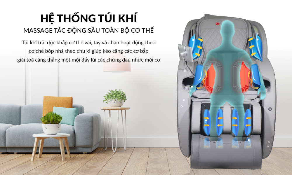 Hệ thống túi khí trải dài ở ghế massage Fujikashi FJ-1300 Nâu Xám
